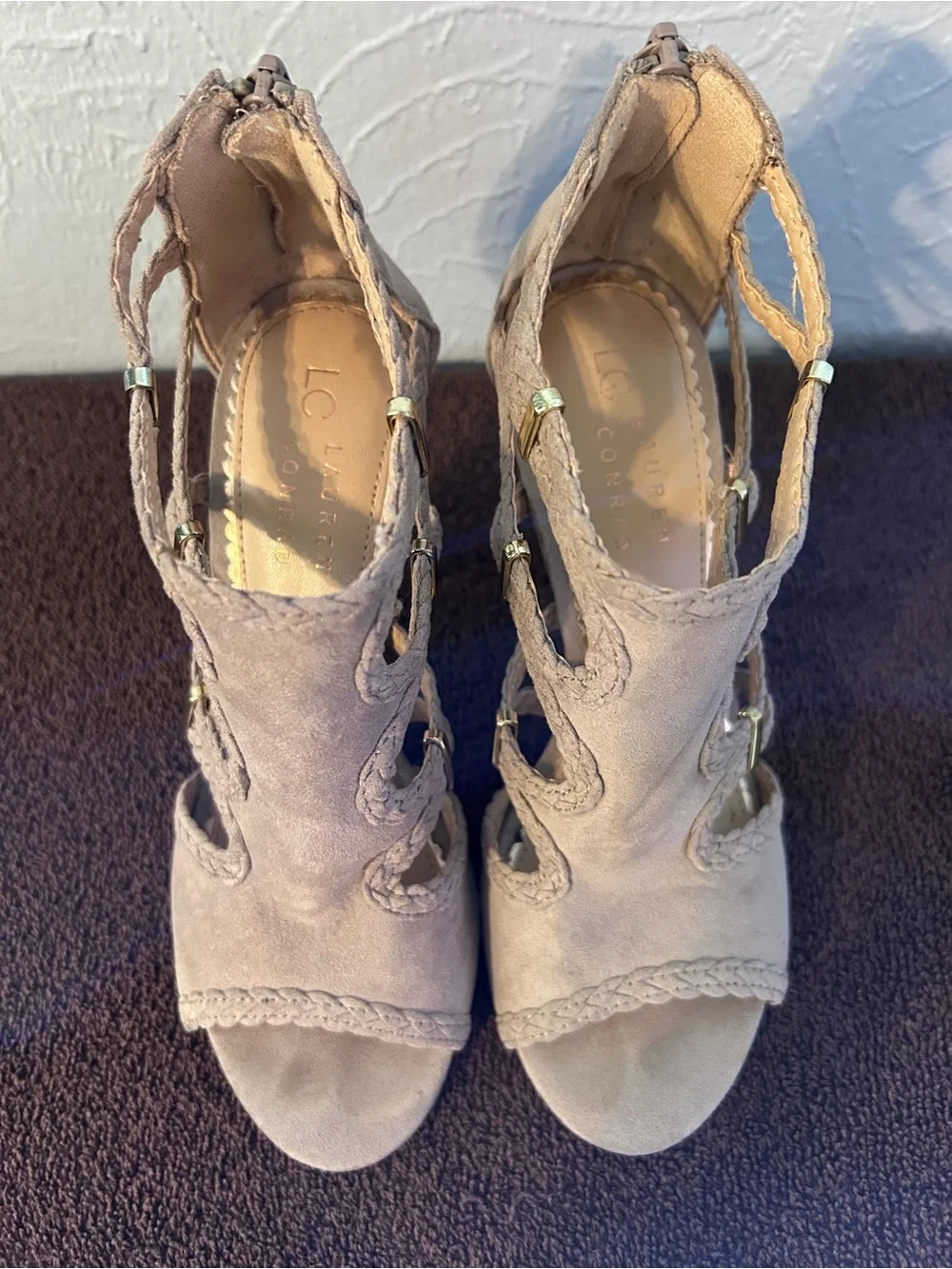 LC Lauren Conrad Taupe Suede Cutout Braided Peep-Toe Heels